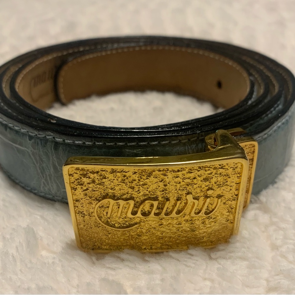 Mauri Blue Alligator Leather Belt with Gold Buckle 48-50in